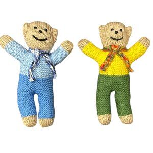 Hand Knit Teddy Bears Lot of 2 10.5” Comfort Trauma Cuddly Handmade Colorful